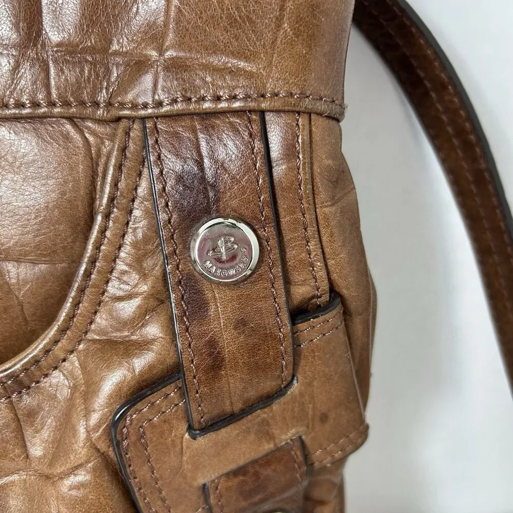 B. Makowsky Women's Cognac Brown Croco Embossed Leather Studded Crossbody Bag - Picture 3 of 12